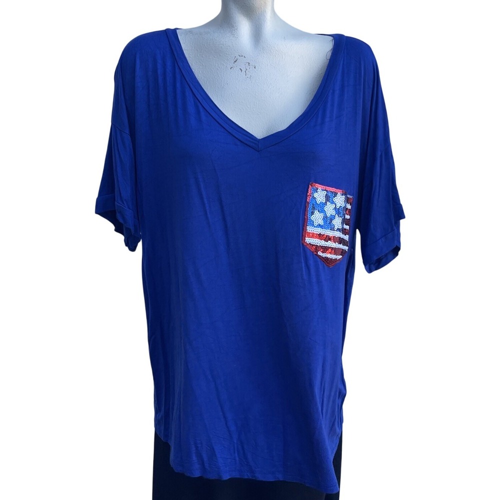 USA Patriotic Sequin American Flag‎ Pocket Royal Blue V Neck T-Shirt